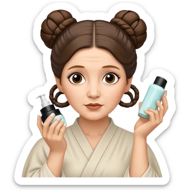 Princess Leia from Star Wars as an emoji, applying face cream, iconic hair buns, minimal details sticker