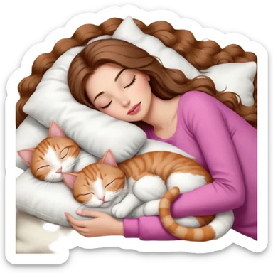 girl with long wavy brown hair, brown eyes, long lashes makeup, sexy pink lips, light to medium complexion,  sleeping on a cozy pillow, with 6 cats: 1 brown and white tabby cat, 1 ginger and white, 2 grey and white, 1 grey with white mittens and small white patch on chest and 1 calico, sleeping sticker