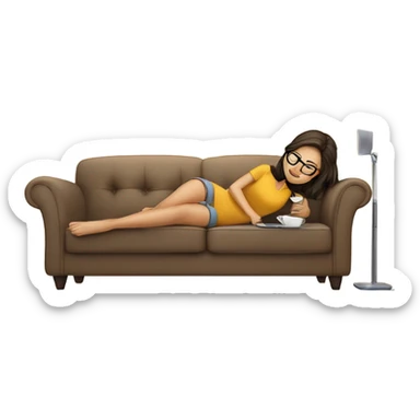 brunette girl laying on a cream colored couch with brown pillows with glasses on and a laptop on small table in front with coffee cup on mouse pad sticker