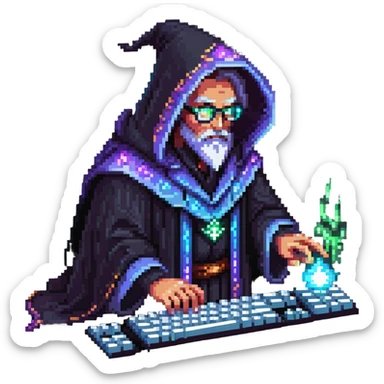 powerful wizard coding on a glowing magical keyboard, no laptop, mystical aura surrounding him, confident expression, looks like the ultimate boss of coding, wearing impressive dark robe sticker