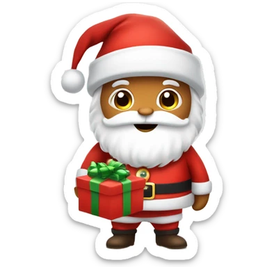 “An adorable full-body Santa in a red suit, fluffy white beard, rosy cheeks, big eyes, and a red hat with a white pom-pom, holding a small gift.” sticker
