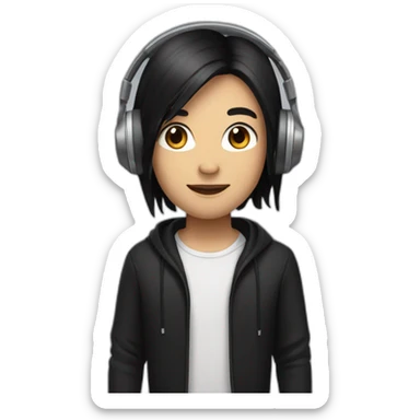 Cartoon character with long black hair, black outfit, silver headphones, dark brown eyes sticker