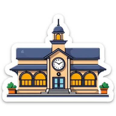 train station building with platforms and clock sticker