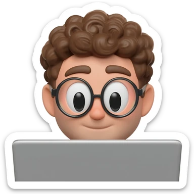 3D emoji-style male character with curly hair and big glasses, eyes wide, peeking over a laptop, minimal design, soft lighting, plain background, high quality. sticker