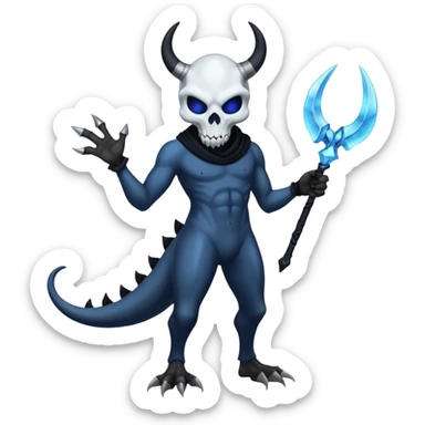 Shiny Dark Edgy  Duskull-Inteleon-Amaura-Fakémon-hybrid-creature (full body) with a horned animal-skull-mask sticker