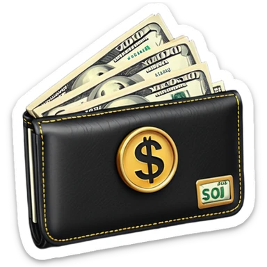 Rich emoji style black leather wallet with dollar bills, luxury money vibe, premium 3D emoji, ultra clean, high detail, no background
 sticker