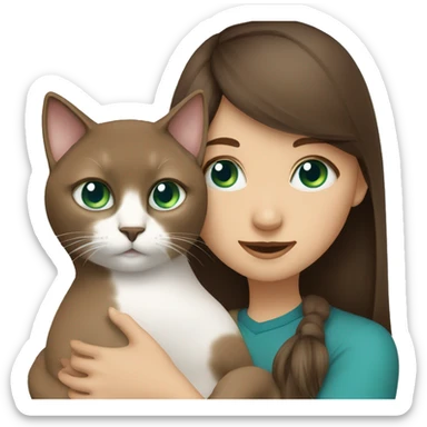 Girl with green eyes, long brown hair and bangs hugs  Siamese cat with blue eyes   sticker