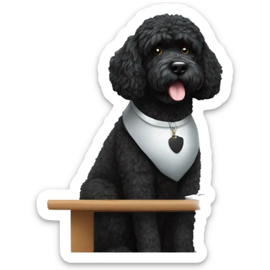 portuguese black water dog sitting a desk coding sticker