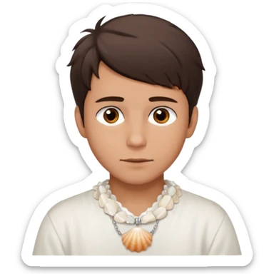 create an emoji of a young man. he has a nice surfer look, with short messy dark brown hair, brown eyes, tanned skin, natural lips. he wears a white tight sea shell necklace with an open short sleeve white shirt sticker