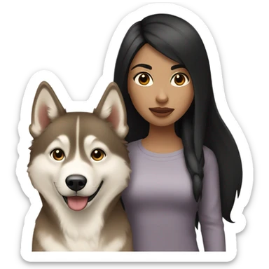 A girl black hair next to a light brown Husky sticker
