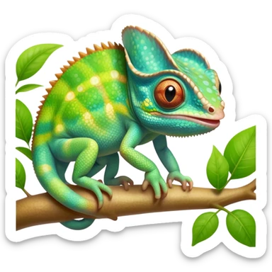 cinematic cute-smiling baby chameleon-realistic emoji,-blending-with-vibrant-greenery.-detailed-scales-in-shifting-colors,-showing-the-chameleon’s-ability-to-camouflage.-soft-natural-light-highlights-its-texture.-light-background, zoomed into its face sticker
