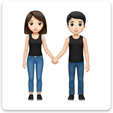 A girl with long brown hair holding the hand of a boy with short black hair, she wearing a black tank top with flared blue jeans, he wearing a black t-shirt with grey jeans, couple in love sticker
