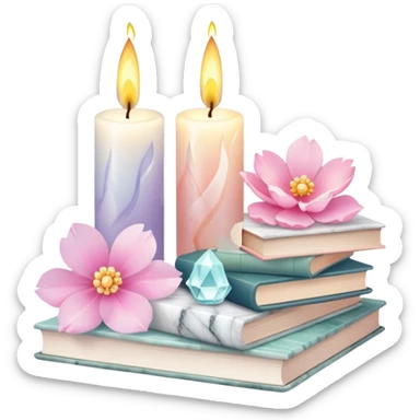 Aesthetic candles, flower petals, books, marble stand, crystal stones sticker