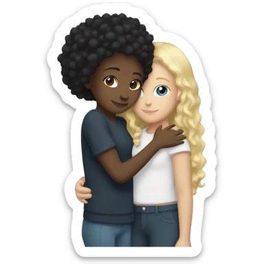 Black girl with straight black hair hugging a white girl with curly blonde hair sticker