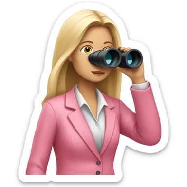 secretary style white female employee in pink suit using binoculars with long loose hair. sticker
