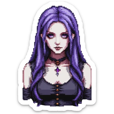 pixel art of a gothic woman with purple hair, witchy touch sticker