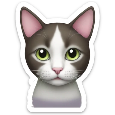 dark brown grey and white cat with pale green eyes pink nose sticker