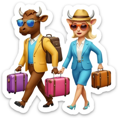 generate an emoji of a group of up to 8 male and female bulls travelling together on holidays. One bull has a suitcase, one has sunglasses, one is carrying a cocktail. They're all in motion, walking together. Make the characters look like bulls. They wear summer clothes. Suitcases are colourful sticker
