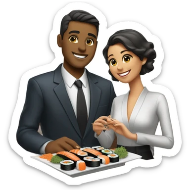 Generate a salesman eating sushi with his girlfriend  sticker