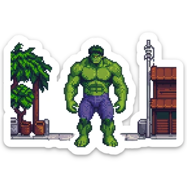 Hulk standing in a Japanese city, pixel art style sticker