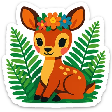 baby deer with a flower crown, surrounded by ferns, vibrant toon style sticker