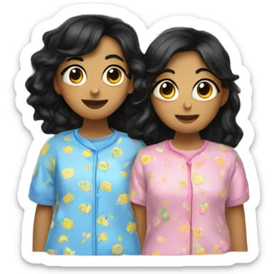 two girls with black hair in pajamas by window sticker