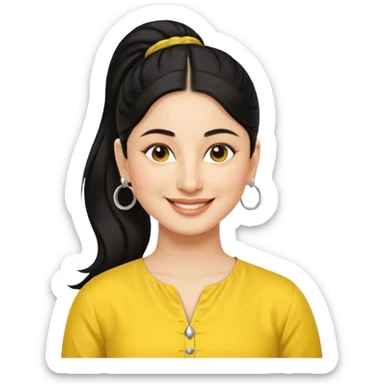 generate a pretty bratz emoji that looks like Kareena Kapoor's Geet character. 
Make her wear a yellow kurti, silver hoops, black hair in a ponytail. smiling big

She should look like Kareena Kapoor sticker