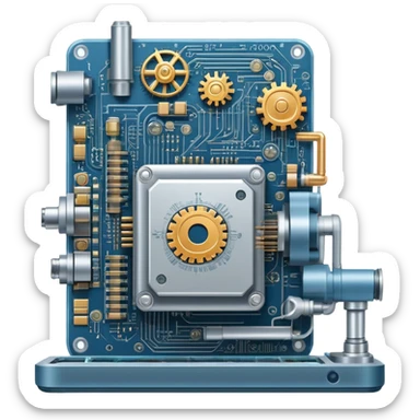An icon featuring a giant machine soldering a huge microchip, symbolizing engineering. The design includes mechanical gears, circuit boards, and a blueprint, representing the precision and innovation in designing and building technology. Transparent background highlights the art of engineering sticker