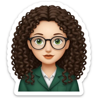 rapariga, olhos verdes escuros, cabelos compridos aos caracóis, com óculos sticker