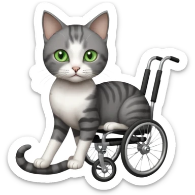 full body small short hair dark grey and white cat with green eyes walking in a wheelchair for cats sticker