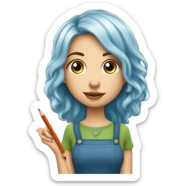 filles au yeux vert et bleu un mélange de couleurs au cheveux chatain mi oncé mi claire avec un appel pencil à la main en mode créative sticker