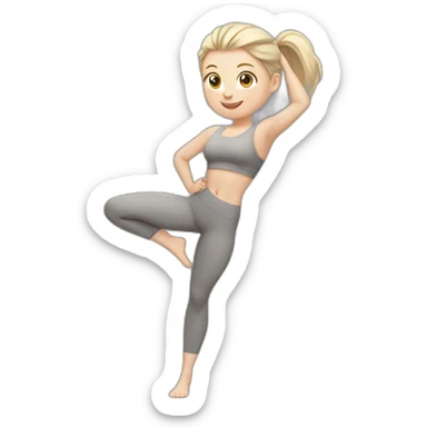 Pale skinned fit woman In a gray tight yoga suit With ash blonde hair in a ponytail doing yoga sticker