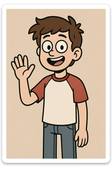 A boy brown hair black eyes red white shirt blue jeans a hand hello  sticker