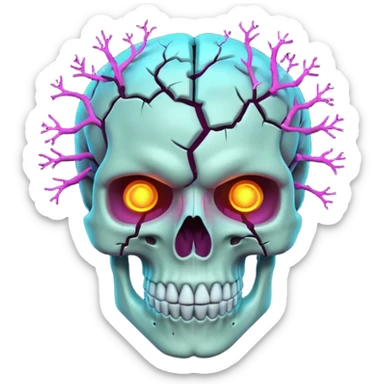 3D skull with cracked open brain glowing neon inside, dark phonk vibe, intense attitude sticker