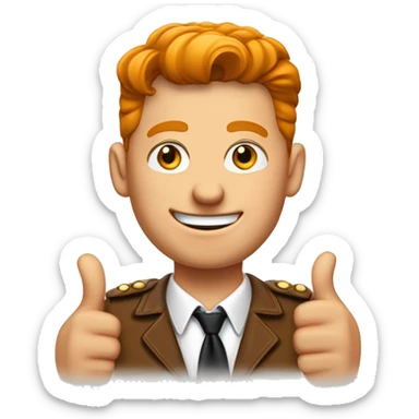 Un jeune homme roux habiller dans un style old money showing thumbs up sticker