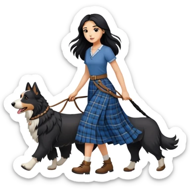 A girl with long black hair walking a Scottish shepherd dog sticker