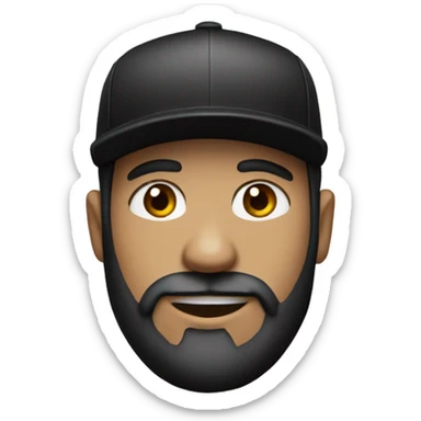 Man with black hair and beard with white skin and a black cap on and with black t shirt  sticker