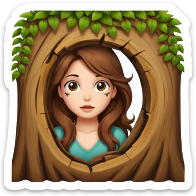 cute woman long wavy brown hair tattoos peeking from tree hole sticker