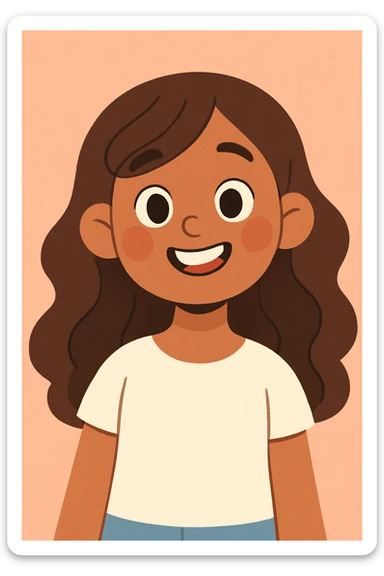 young girl with light brown skin, long brown wavy hair, white top, smiling, soft cartoon style sticker