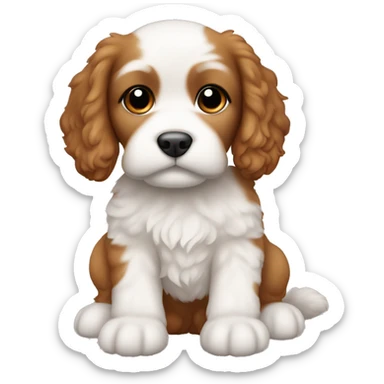 cockapoo puppy brownish orange in colour with white on stomach and chin. No white fur on forehead, and only white on the two back paws sticker