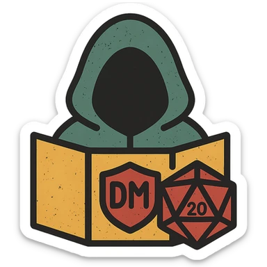 minimalist icon representing Dungeon Master for DnD TTRPGs with DM screen, dice, or hooded figure, worn distressed look sticker