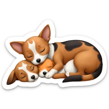 Calico cat with black nose sleeping near a dachshund dog    sticker