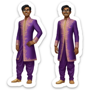 Full length Fair skinned south indian bridegroom wearing purple sherwani with floral design and wearing aviator style spectacles sticker