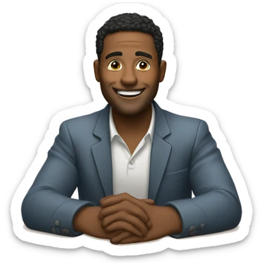 A man with sitting table and there hand on at our face and smiling  sticker