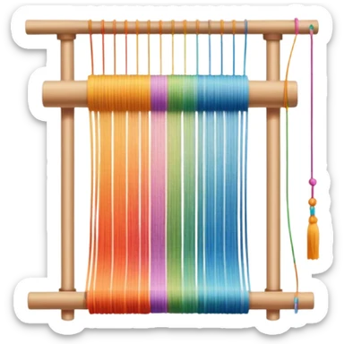 Create an icon that represents the hobby of weaving. The design should include a loom, threads, and a partially woven fabric, along with a piece of colorful fabric and sewing patterns. Include a representation of finished clothing, like a simple shirt or dress, made from the woven fabric. The composition should feel balanced and harmonious, reflecting the creative and intricate process of weaving and sewing. The background should be transparent. sticker