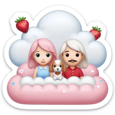  Couple DP in AI emoji style with Cinnamoroll and Snoopy. Both wear strawberry-themed accessories, sitting together on a pastel pink cloud with hearts, sparkles, and strawberries around. Cute, soft, and romantic vibe. sticker