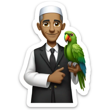 Barack Obama in Jewish orthodox clothing with a parrot on his shoulder and doing a peace sign  sticker