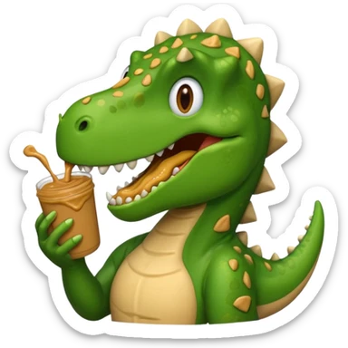a dinosaur happily eating peanut butter, emoji style sticker