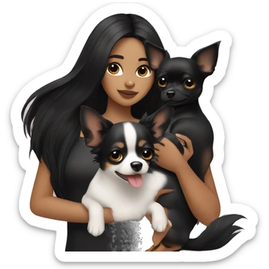 girls with black hair holding her all black chihuahua  sticker