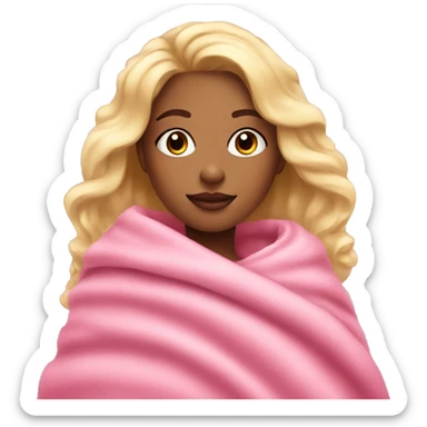 blonde girl with makeup on with a pink blanket around looking cozy sticker